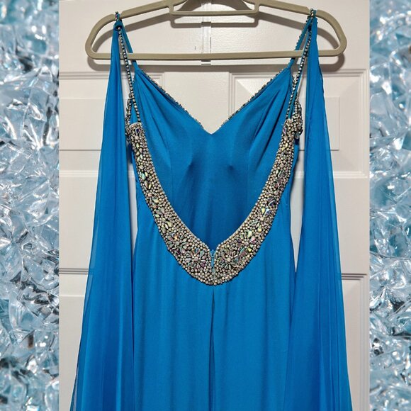 Size 0 Teal Jovani 08022 with Chiffon Cape/Wings Pageant/Prom - Picture 5 of 6